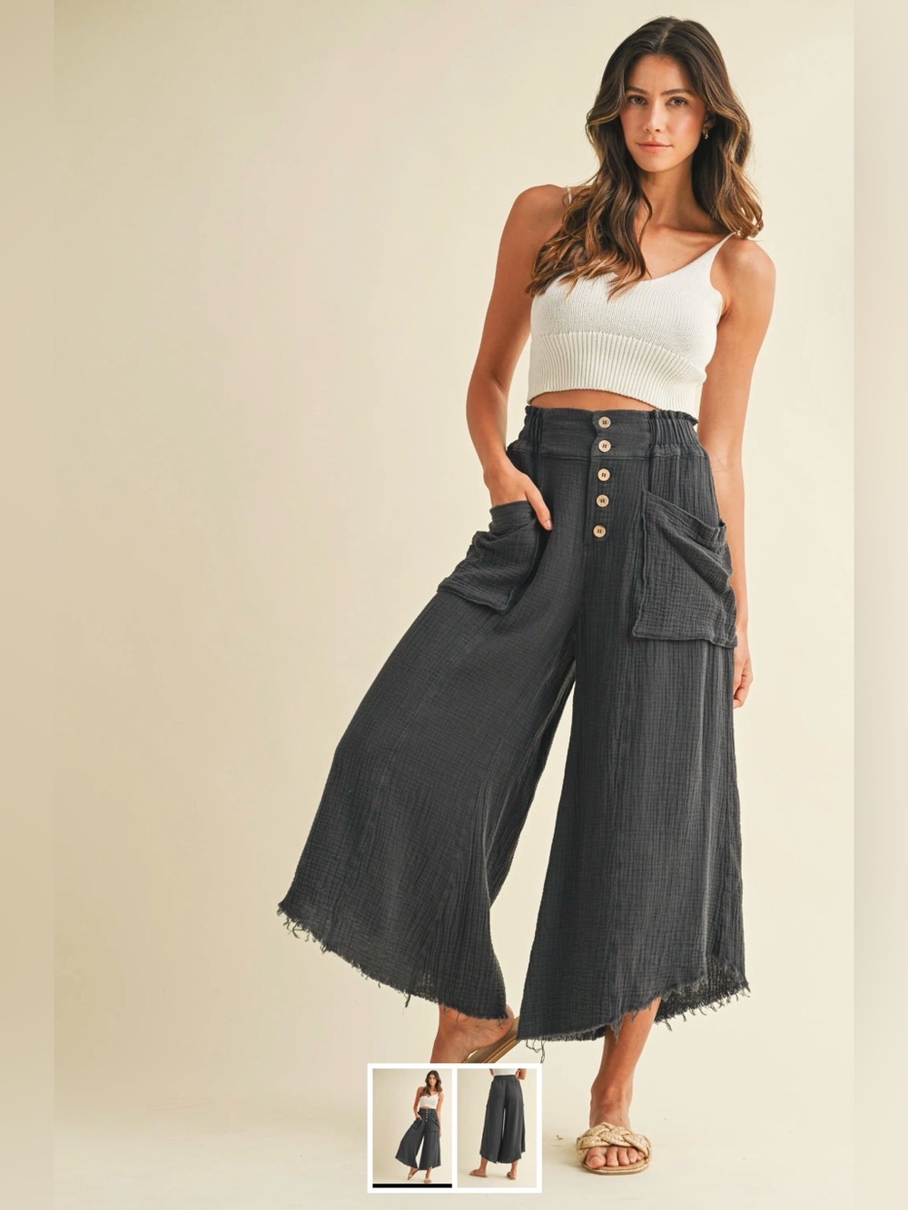 NWT Anniewear Wide-Leg Button Front Guaze Pants ~ Black